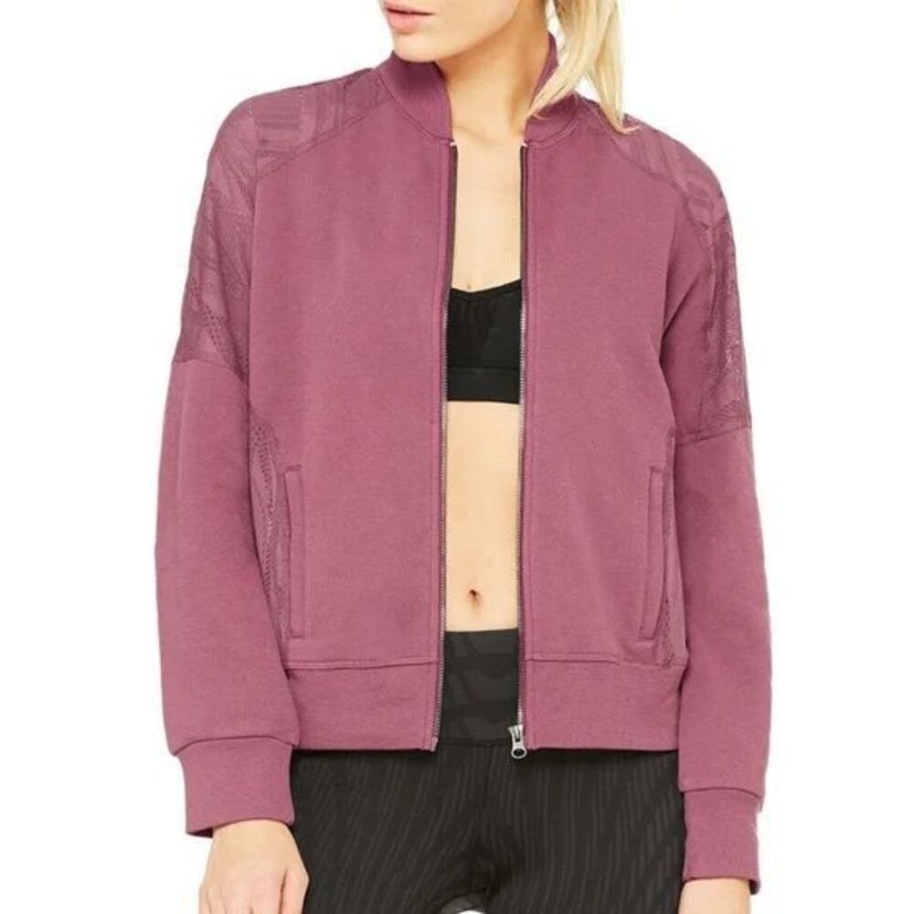 Alo Yoga Tempt Lace Yoke Lightweight Mauve Full Zip Bomber Jacket Women’s XS
